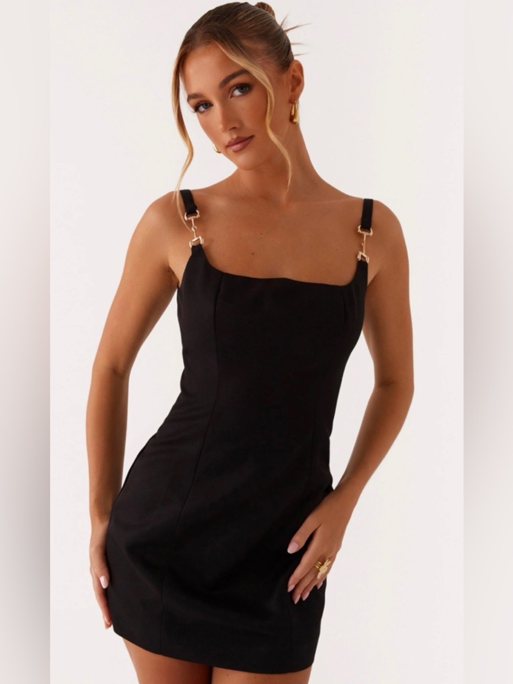 NWT PepperMayo Aretha Black Mini Dress with Gold Ring Straps